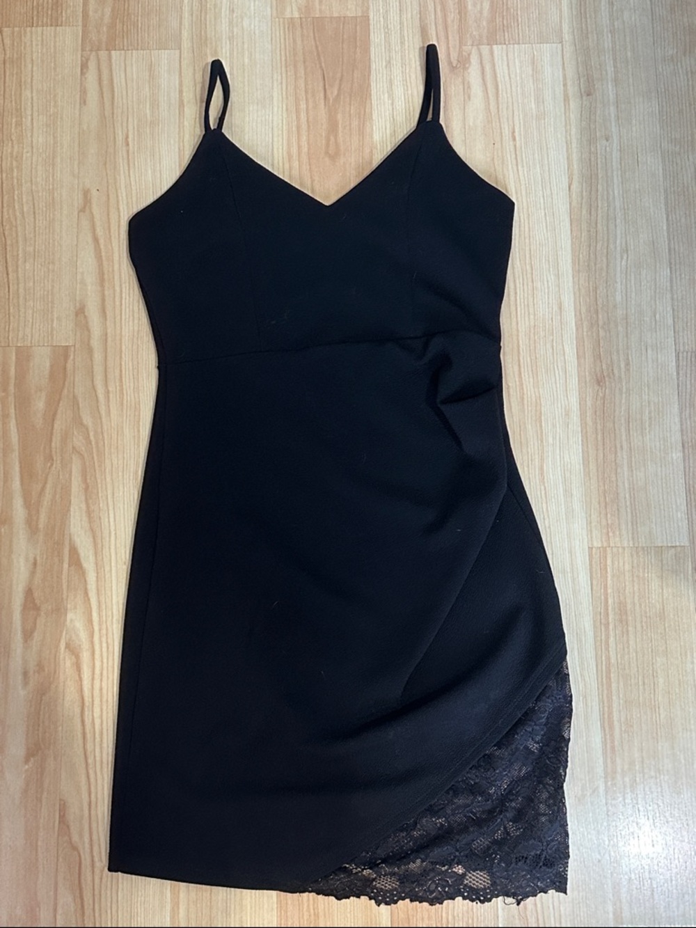 Faux Wrap Ruched Black Lace Inset Bodycon Mini Dress - Size L